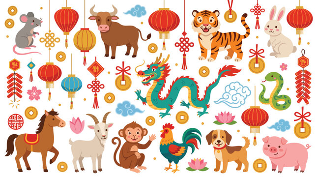 Chinese zodiac animals seamless pattern background illustration