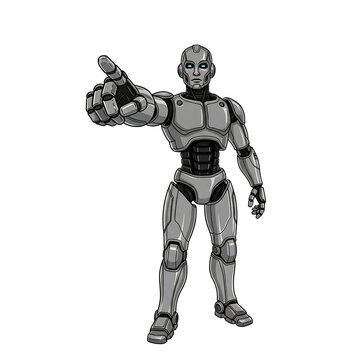 Robot pointing finger grey metallic humanoid machine