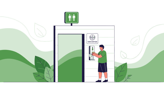 Man using hand sanitizer outside public restroom with green nature background