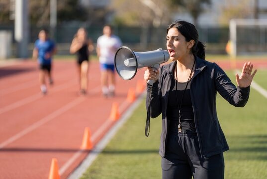 Woman coach using a megaphone to motivate athletes running on a track field