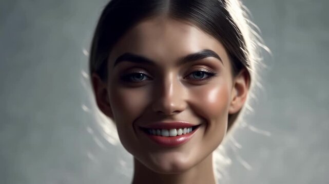 Beautiful young woman smiling slowly in close up beauty cinematic lighting portrait video clip