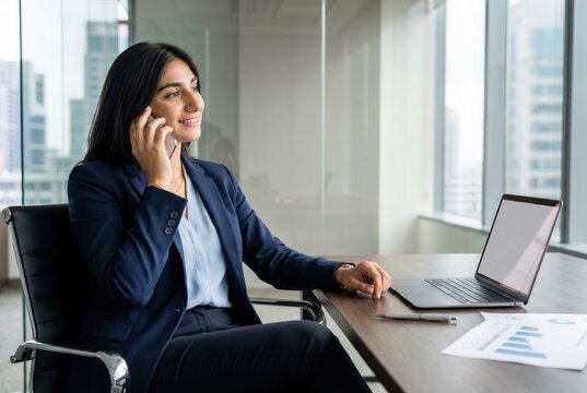 Professional businesswoman communicating on mobile phone while working in a modern corporate office