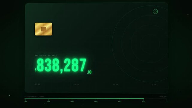 Futuristic banking interface showing an available balance increasing from zero to one million dollars, symbolizing a successful fund transfer