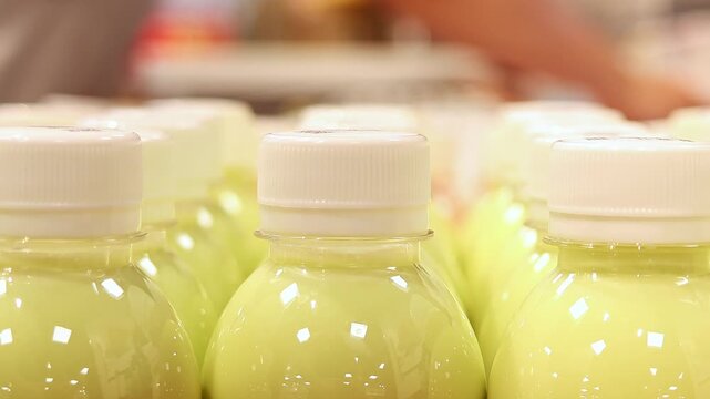 Close up of bottled dairy fruit drink on supermarket shelf, retail beverage display with store employee restocking products in background.