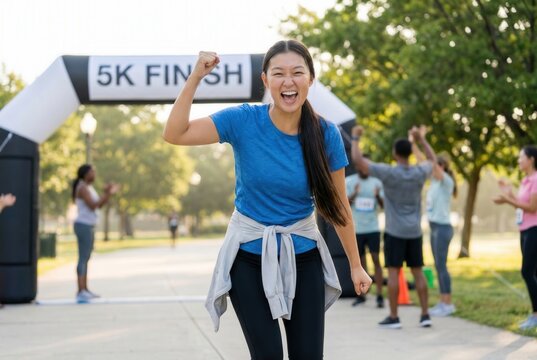 Young woman cheering after crossing the finish line during a charity 5k event