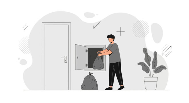 Man throwing trash bag into chute, waste disposal, home cleaning, hygiene concept