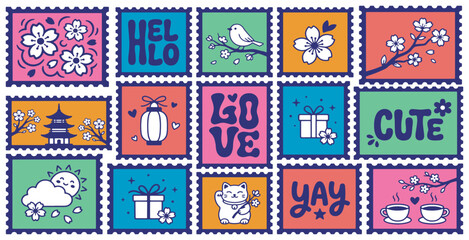 A collection of cute, colorful postage stamps featuring various illustrations like flowers, animals, and positive messages. © Riki