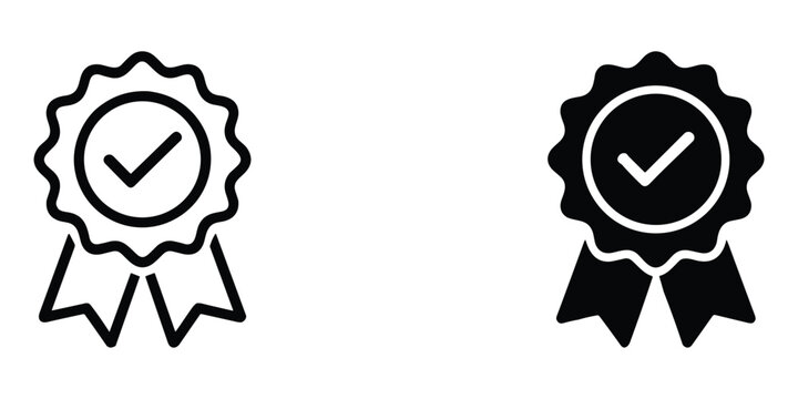 Award ribbon icon with check mark, stroke and solid fill, representing quality or success