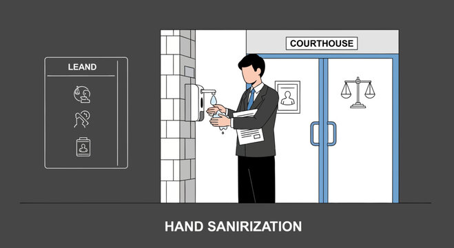 Man uses hand sanitizer outside courthouse, promoting hygiene and safety