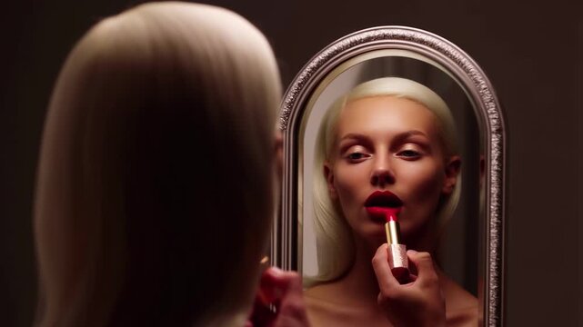 Blonde woman applies red lipstick while looking in vintage mirror in slow motion cinematic light