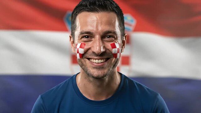 Croatian Soccer Fan Celebrates Victory with Passionate Expressions in Front of National Flag