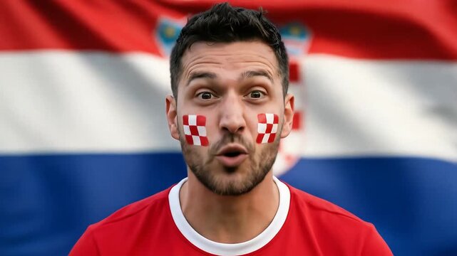 Enthusiastic Croatian Football Fans Show Patriotism with Face Paint and Expressive Gestures