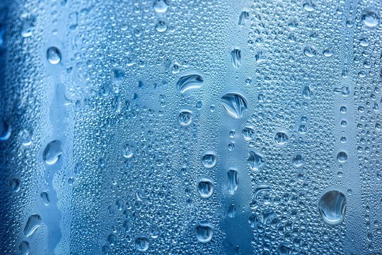 Water Droplets on Blue Surface, Close-up View of Condensation