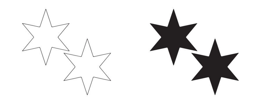 Two black seven pointed stars outline and filled shapes isolated on background.