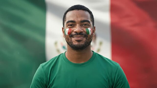 Expressive man celebrating with pride and enthusiasm in front of Mexican flag background