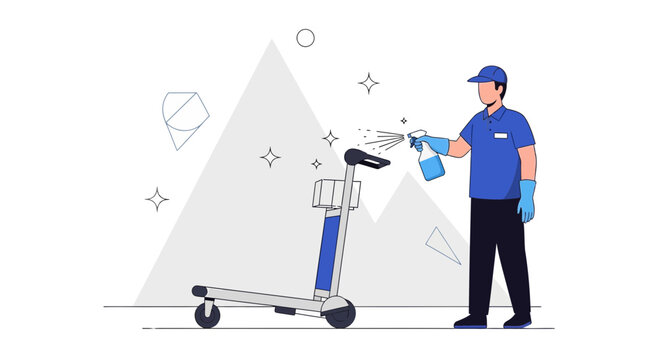Man sanitizing electric scooter, hygiene and disinfection concept