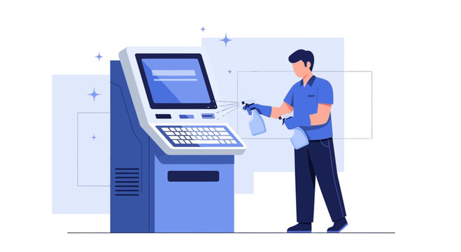 Man sanitizing ATM machine with spray, hygiene concept, cleanliness, virus prevention