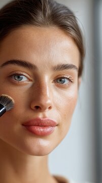 Woman applying cosmetic product with a brush, enhancing natural skin and emphasizing beauty