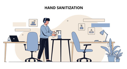 Fototapeta premium Man sanitizing hands in a modern office with desks and chairs, promoting hygiene