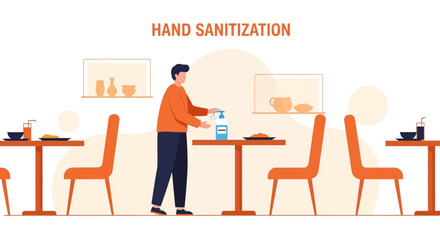 Fototapeta premium Man sanitizing hands in a restaurant, promoting hygiene and safety