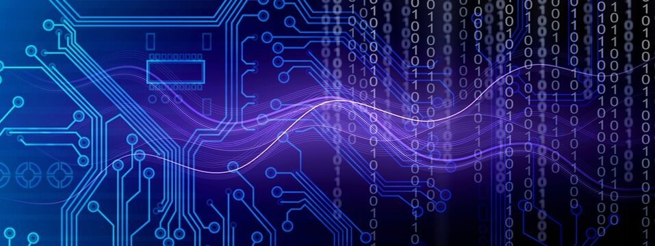 Digital technology background with circuit board patterns and binary code streams in blue and purple