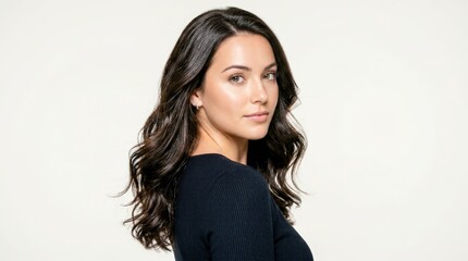 Fototapeta premium Beautiful young woman with long dark wavy hair looking over shoulder.