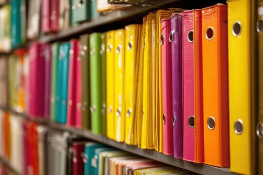 Colorfully Organized Binders Displaying Files on Storage Shelves