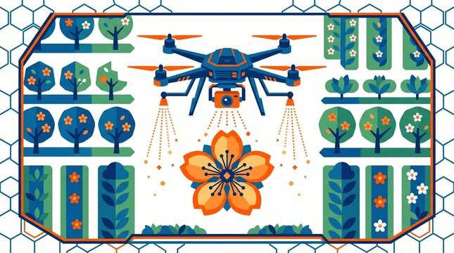 Smart farming drone illustration, precision agriculture technology, automated crop spraying, modern farm management, agricultural innovation for sustainable growth