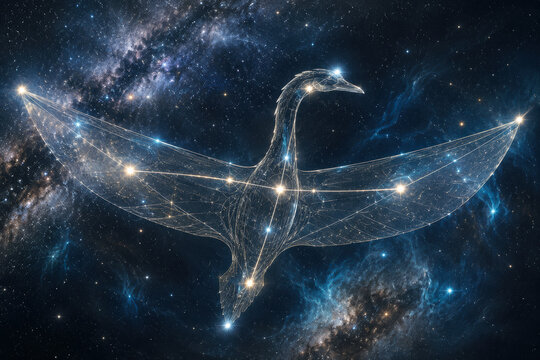 Cygnus constellation as a celestial swan starship with luminous wings.
