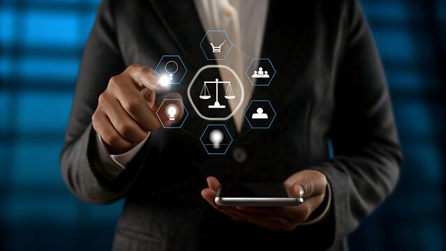 Futuristic digital law interface displaying justice scale, highlighting digital law, AI compliance, digital law systems, governance, Muxer