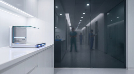 Obraz premium Sleek minimalist diagnostic terminal dock on a white surface in a high-end health screening suite, representing precision healthcare innovation