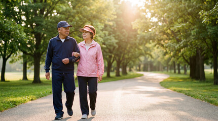 Fototapeta premium Elderly Asian couple walking together in casual sportswear on a paved pathway in a sunny community park, representing active aging and a healthy retirement lifestyle