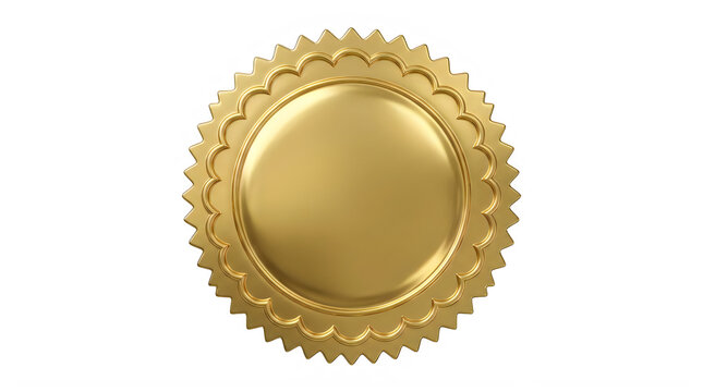 Golden metallic seal with serrated edges, blank gold wax stamp for certificates, premium quality guarantee emblem for branding and awards isolated on Transparent Background