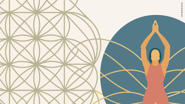 Minimalist yoga illustration with geometric flower of life pattern yoga pose yoga mat meditation wellness mindfulness spirituality geometric abstract exercise lifestyle tranquility