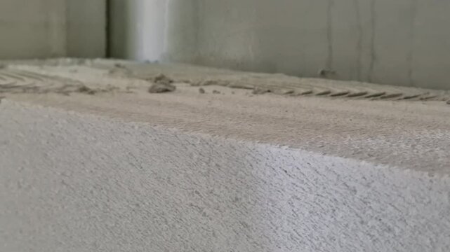 Applying and preparing mortar on an aerated concrete block wall surface with a trowel.