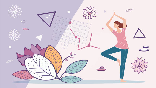 Woman practicing yoga tree pose with floral elements and abstract data chart meditation exercise wellness stretching lifestyle mindfulness training flexible illustration abstract geometric
