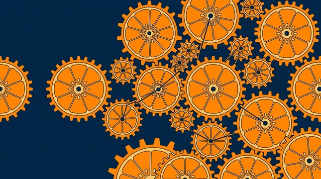Dynamic orange gear mechanism illustration, intricate clockwork system, industrial engineering concept, interconnected cogwheels on a dark blue background, mechanical process design element.