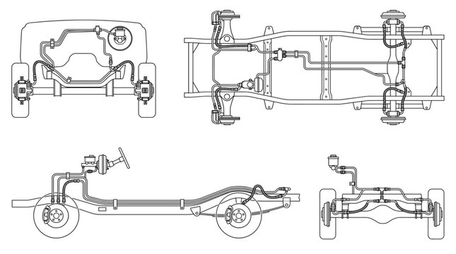 Brake line automotive braking component technical drawing blueprint with front side back and side views CAD line art vector illustration