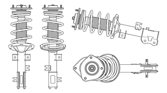Strut assembly automotive suspension component technical drawing blueprint with front side back and sectional views CAD line art vector illustration