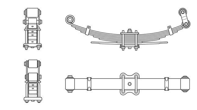 Leaf spring automotive suspension component technical drawing blueprint with front side back and side views CAD line art vector illustration