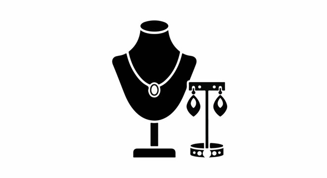 Black silhouette of a necklace on a bust and dangling earrings on a stand