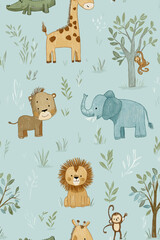 Fototapeta premium Safari animals pattern with giraffes, elephants, and lions on a light blue background. Cute cartoon jungle animals seamless pattern
