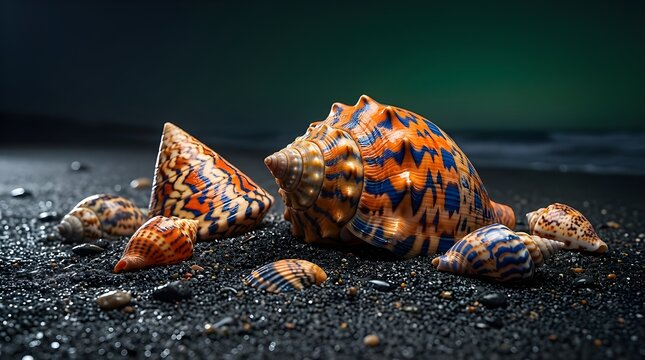 An eye-catching collection of vibrant, patterned seashells scattered on dark, glistening sand with a blurred ocean background