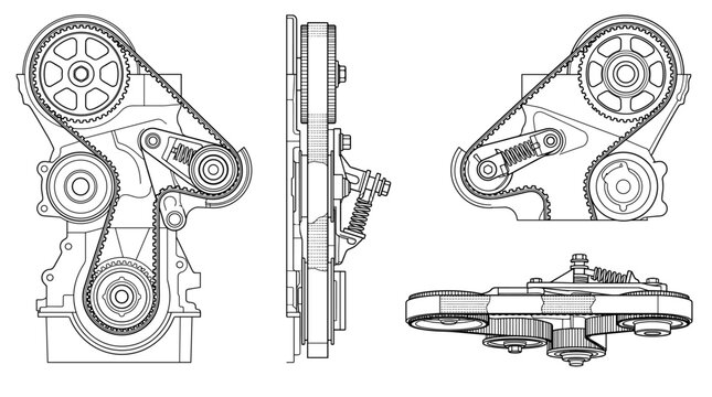 Timing belt automotive engine component technical drawing blueprint with front side back and sectional views CAD line art vector illustration