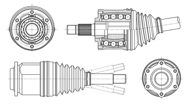 CV joint automotive component technical drawing blueprint with front side back and sectional views CAD line art vector illustration