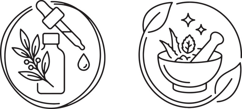 Art & Illustration,Botanical therapy emblems including a medicinal glass dropper bottle with a plant stem and an apothecary mortar and pestle crushing herbs for alternative medicine