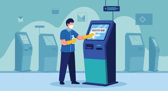 Man in mask and gloves sanitizing ATM screen, promoting hygiene and safety