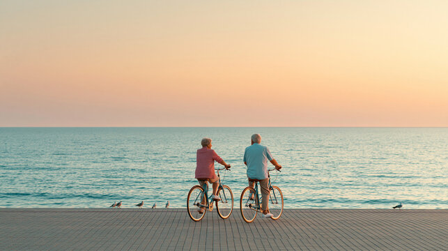 Elderly couple cycling on the promenade by the sea at sunset enjoying the view