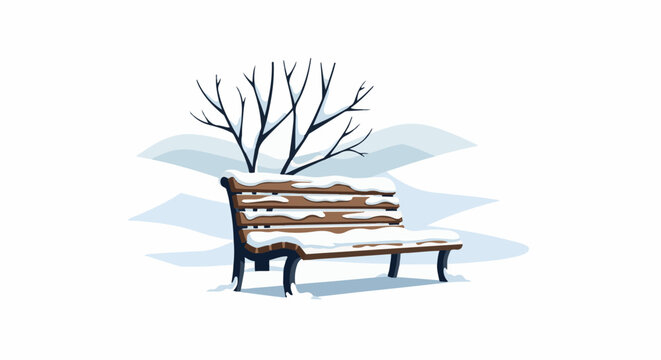 A snow-covered wooden park bench sits under a barren tree in winter