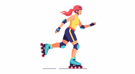 Fototapeta premium Active woman in protective gear roller skates with red wheels and hair